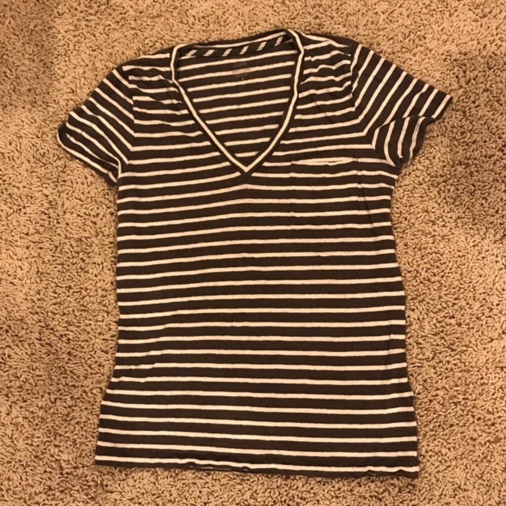 J Crew Linen Stripe V Neck Pocket T Shirt Grey White Size Medium NWOT